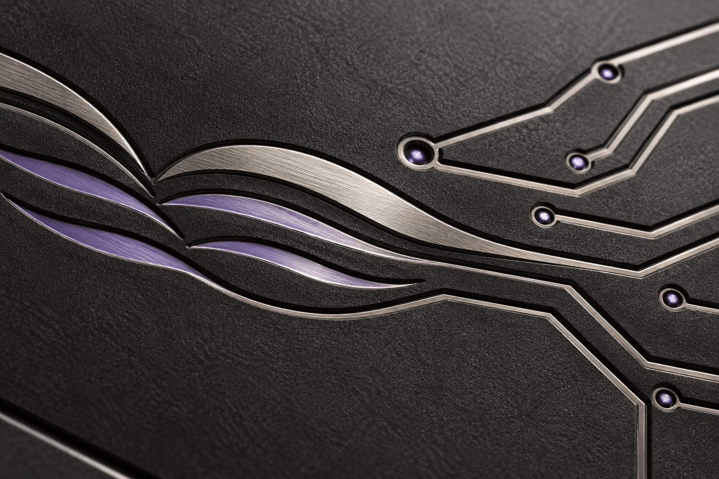 Brushed titanium waves flowing into precise circuit routes on graphite