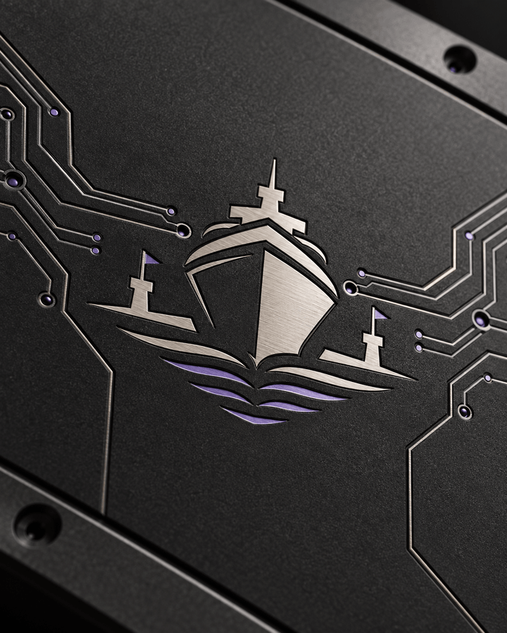 Dealport’s ship emblem in brushed metal with subtle circuit details